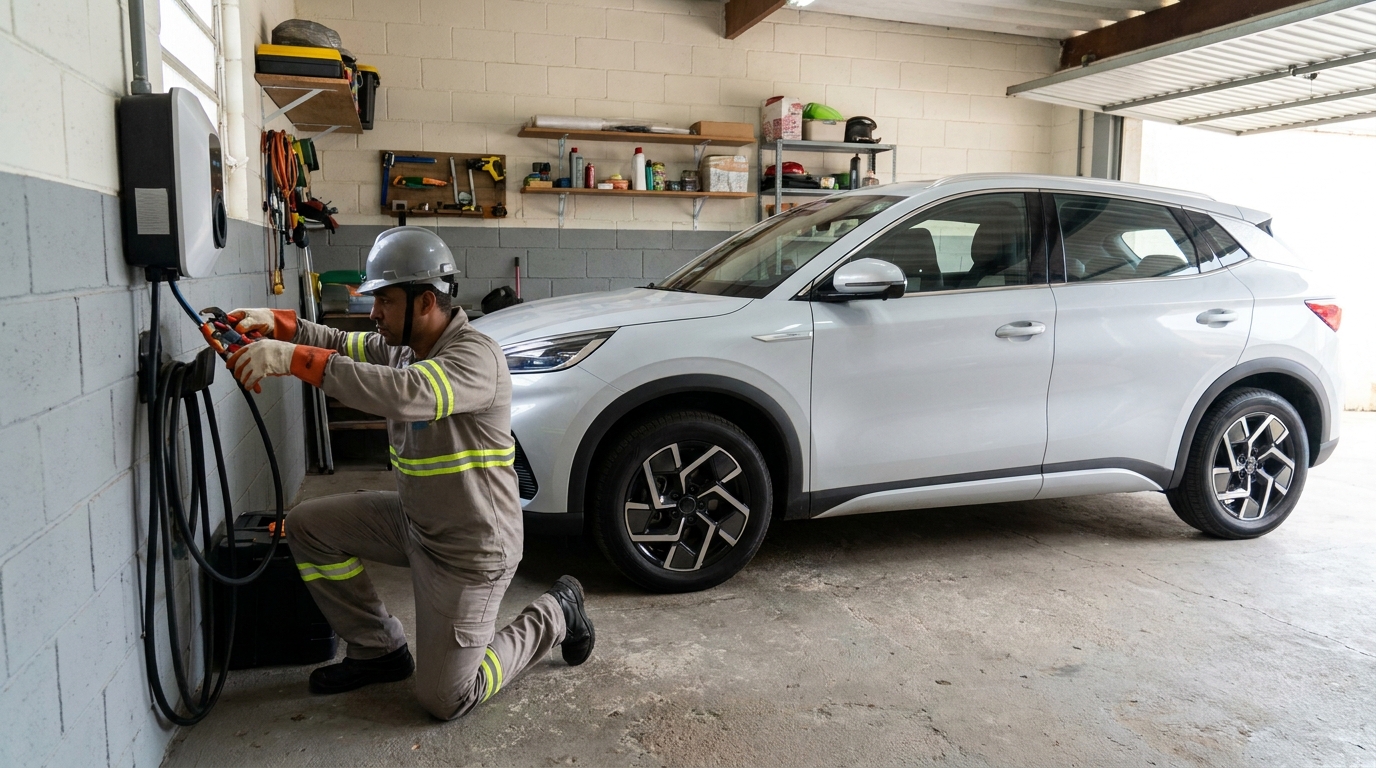 Eletricista instalando carregador de carro eletrico em Piracicaba‑SP